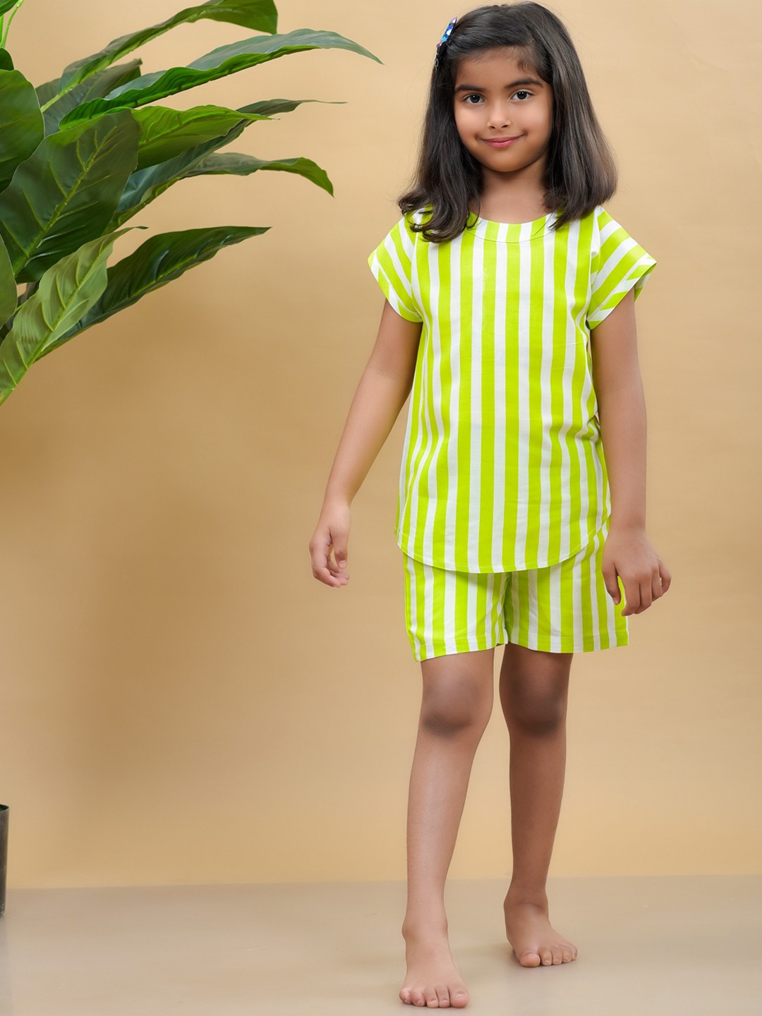 

misbis Girls Green & White Striped Night suit