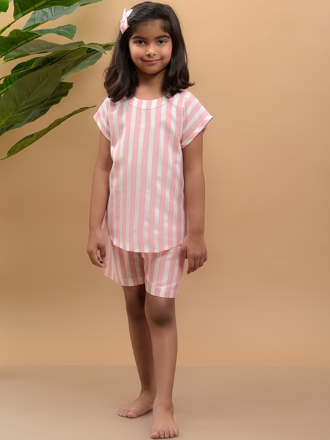 

misbis Girls Pink & White Striped Night Suit