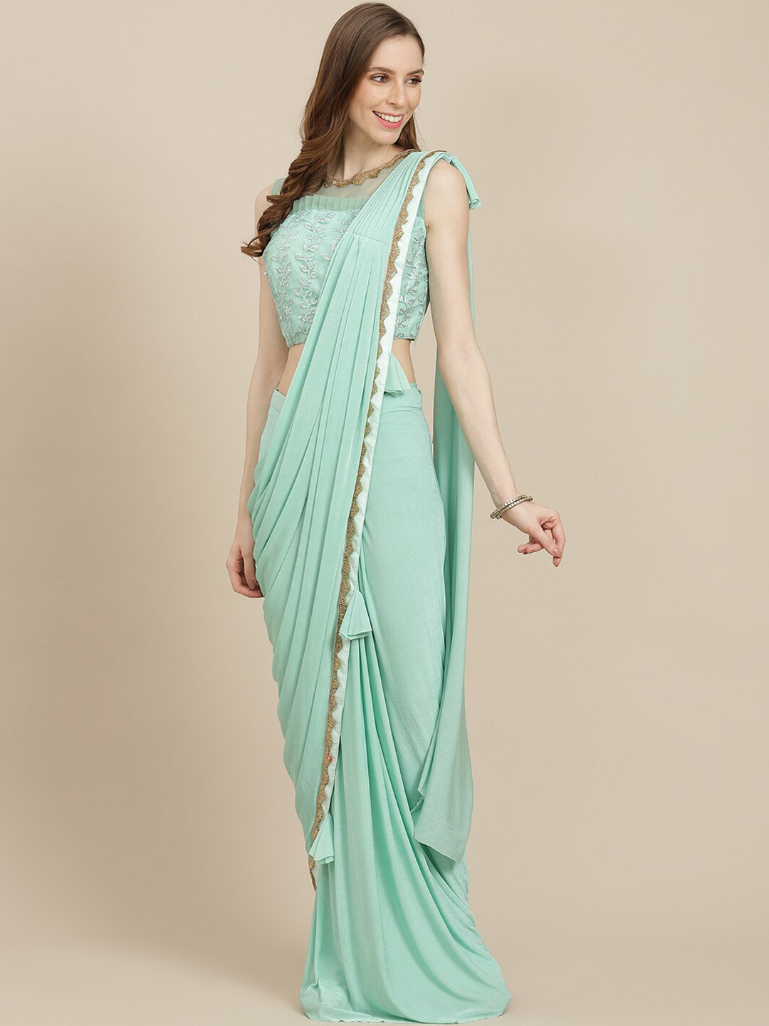 

Grancy Turquoise Blue & Gold-Toned Sequinned Ready to Wear Saree