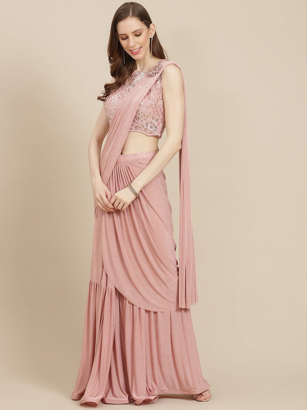

Grancy Pink Sequinned Ready to Wear Poly Georgette Saree