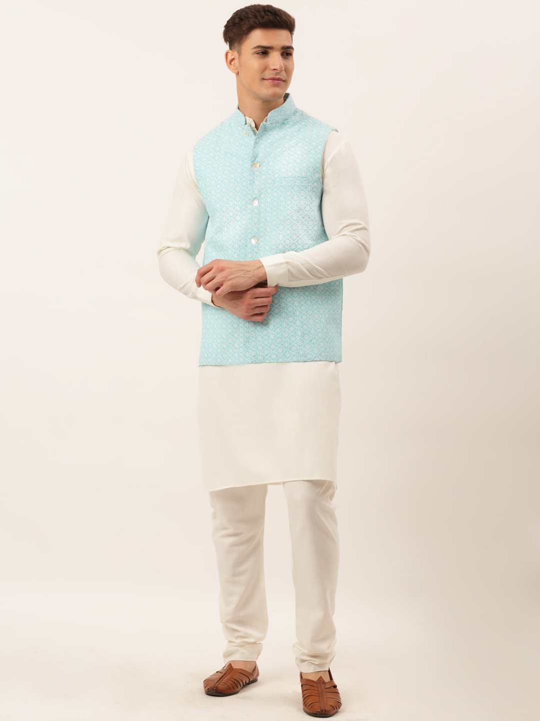 

Jompers Men Turquoise Blue Chikankari Pure Cotton Kurta with Churidar & Nehru Jacket