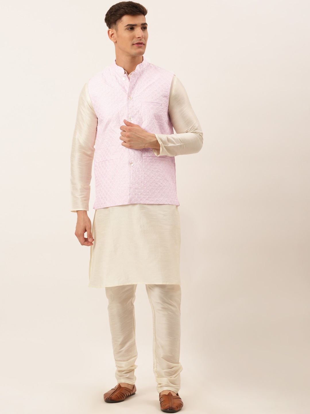 

Jompers Men Pink Kurta with Churidar & Nehru Jacket