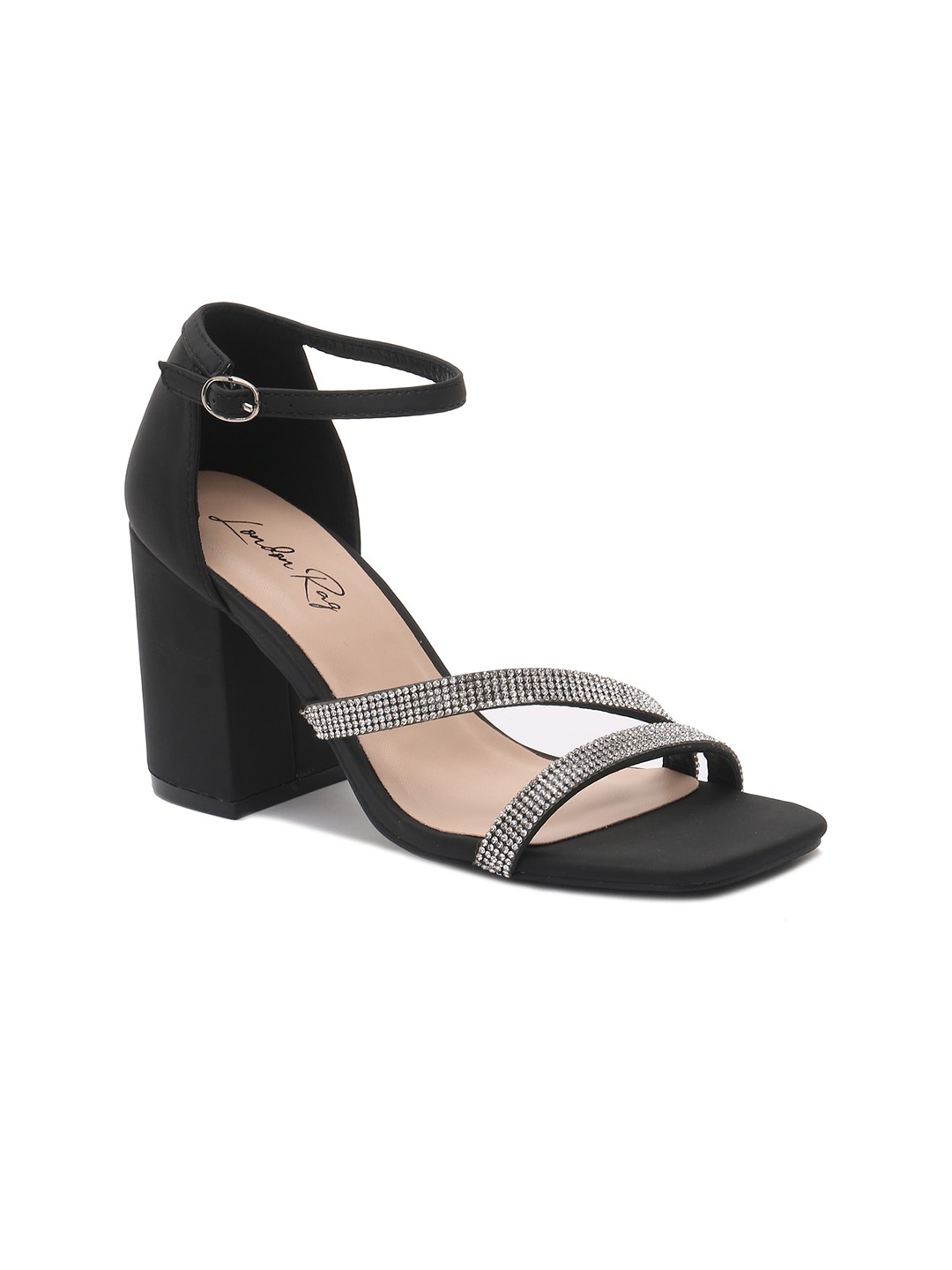 

London Rag Black Embellished PU Regular Party Block Heel Sandal