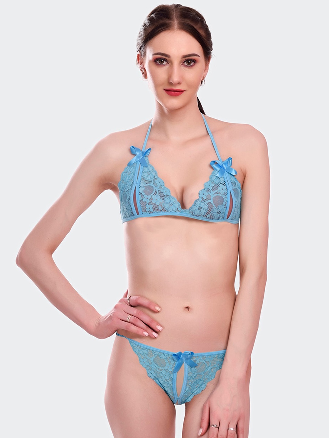 

Fleurt Blue Self-Design Lace Lingerie Set