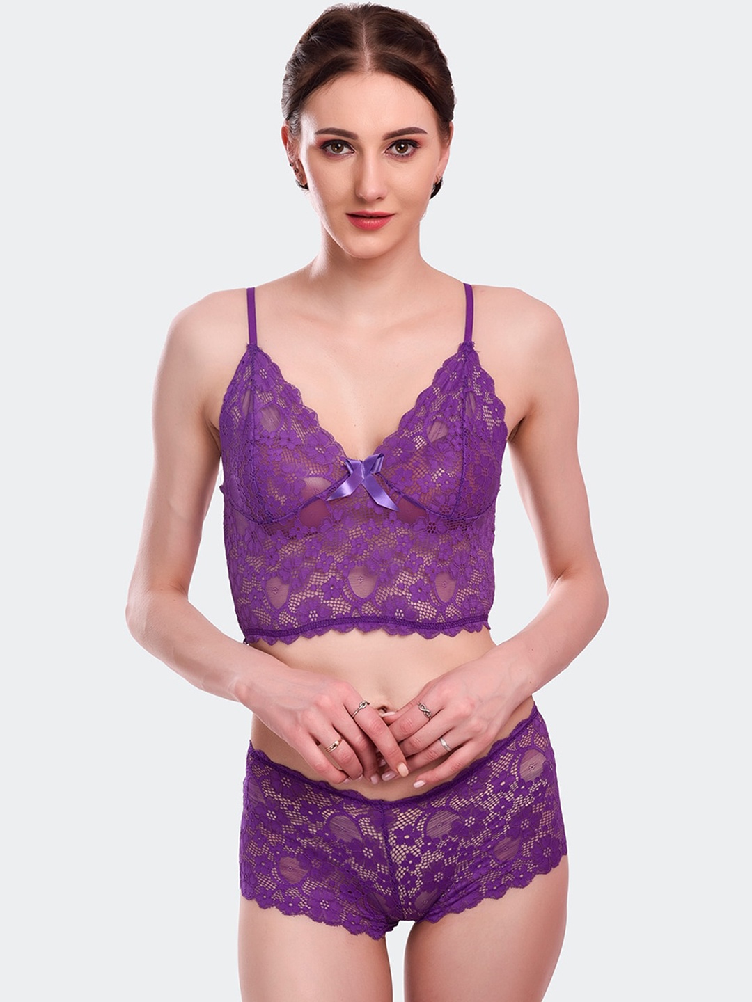 

Fleurt Red Self Design Lace Lingerie Set Fleurt-Set-170-PR-M, Purple