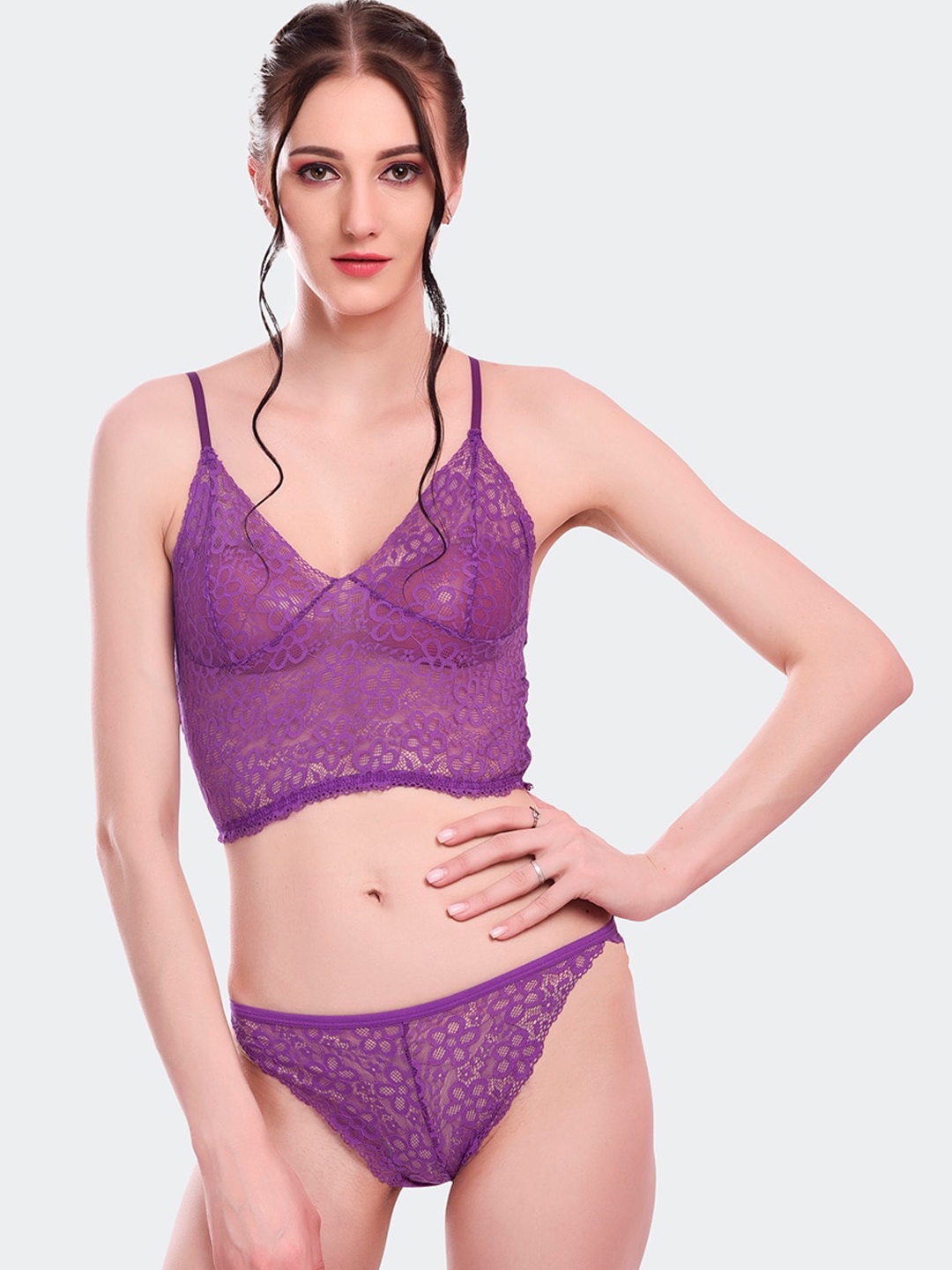 

Fleurt Purple Self-Design Lace Lingerie Set