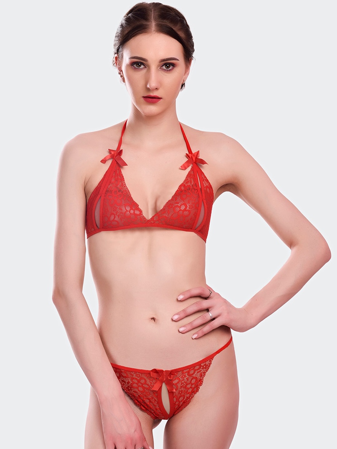 

Fleurt Women Red Self-Designed Lace Lingerie Set