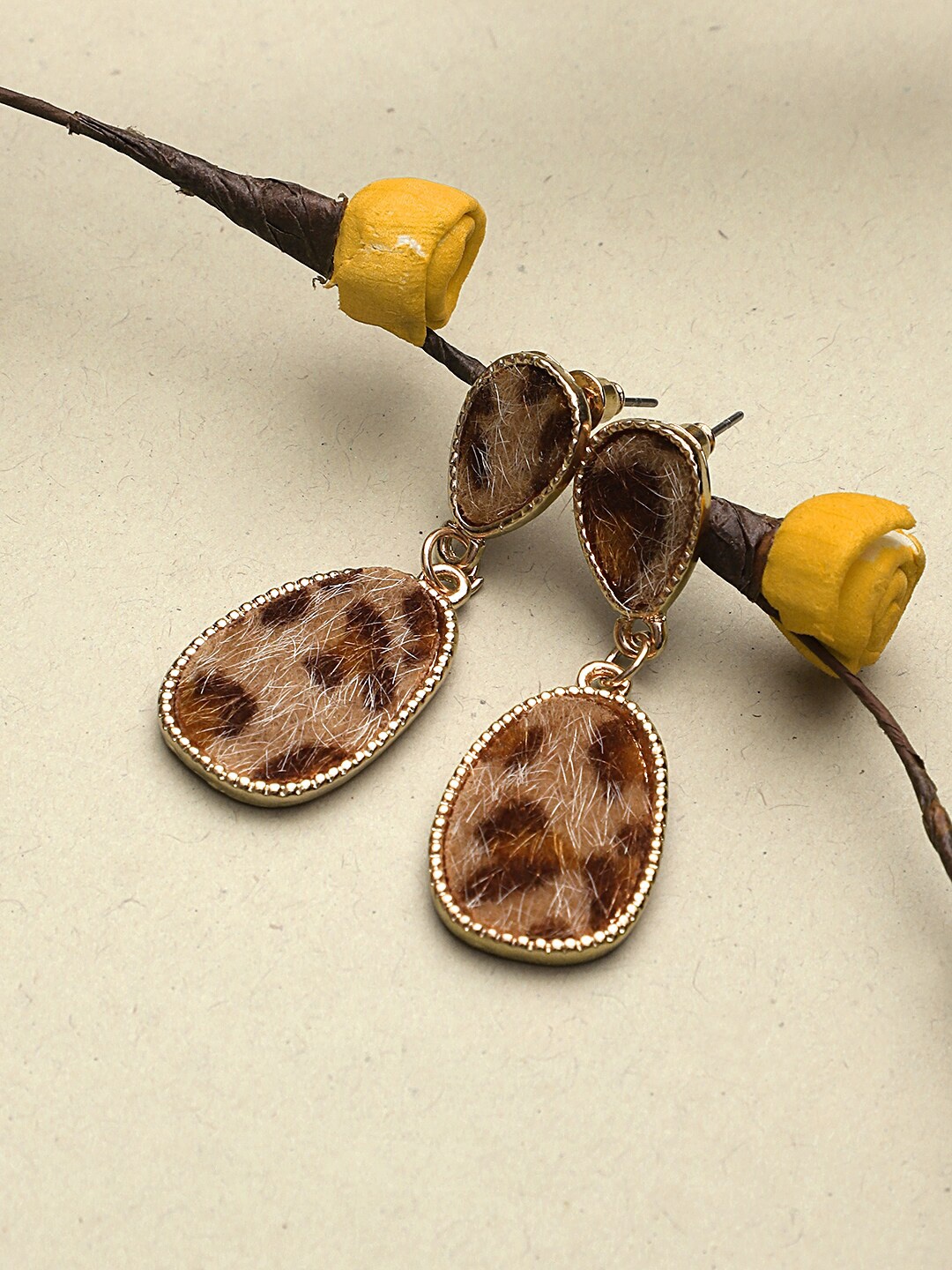 

KACY Gold-Plated & Brown Animal Print Teardrop Shaped Drop Earrings