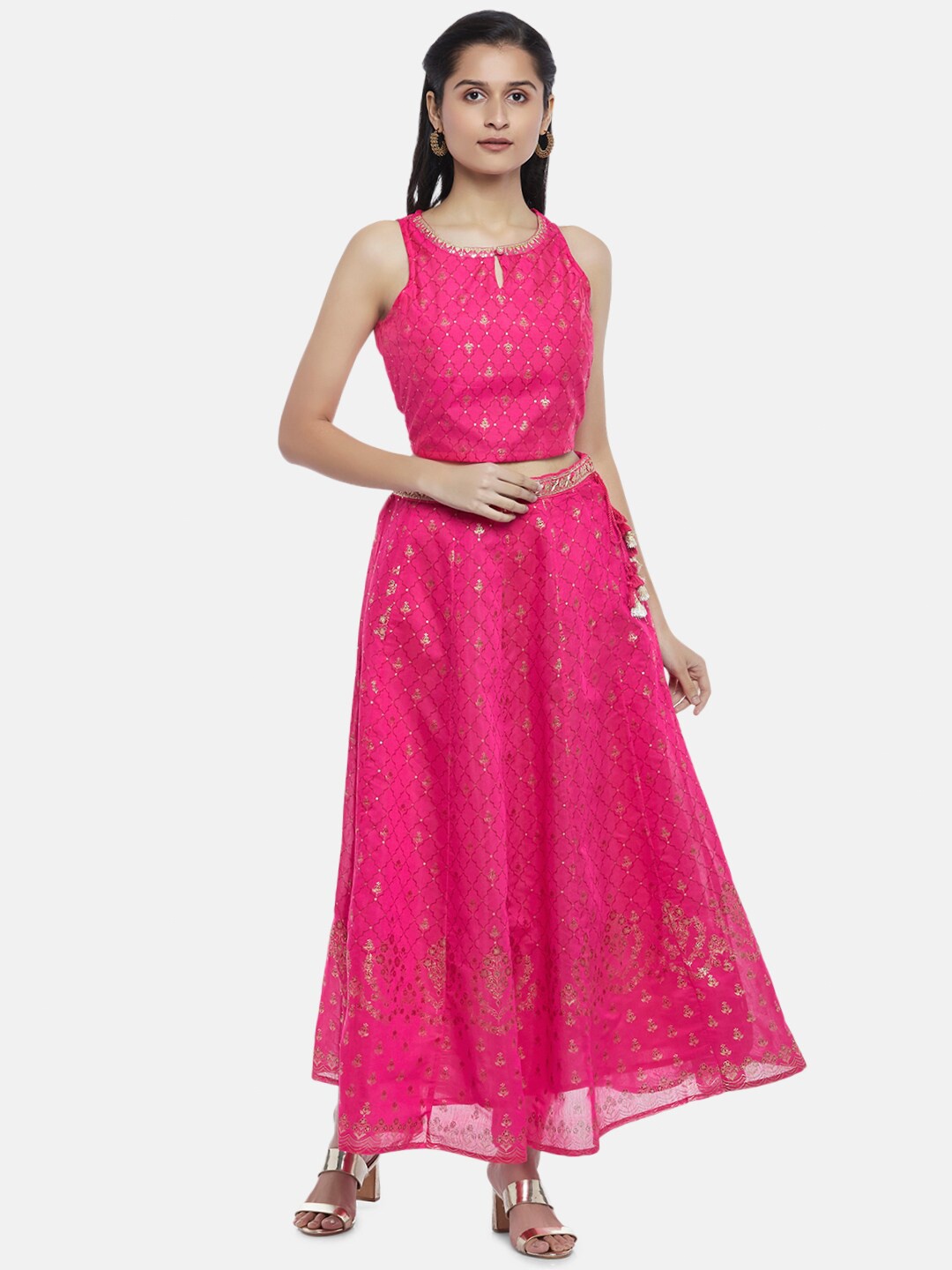 

AKKRITI BY PANTALOONS Pink & Gold-Toned Printed Ready to Wear Lehenga & Choli