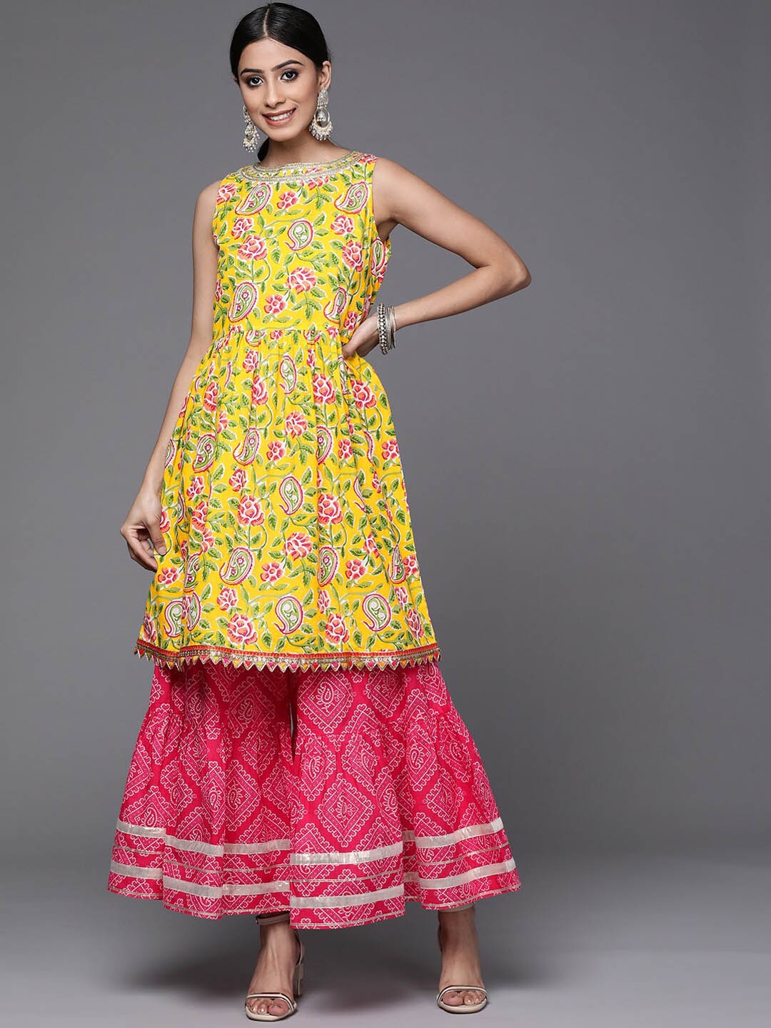 

Varanga Women Yellow Floral Printed Gotta Patti Pure Cotton Kurta with Palazzos