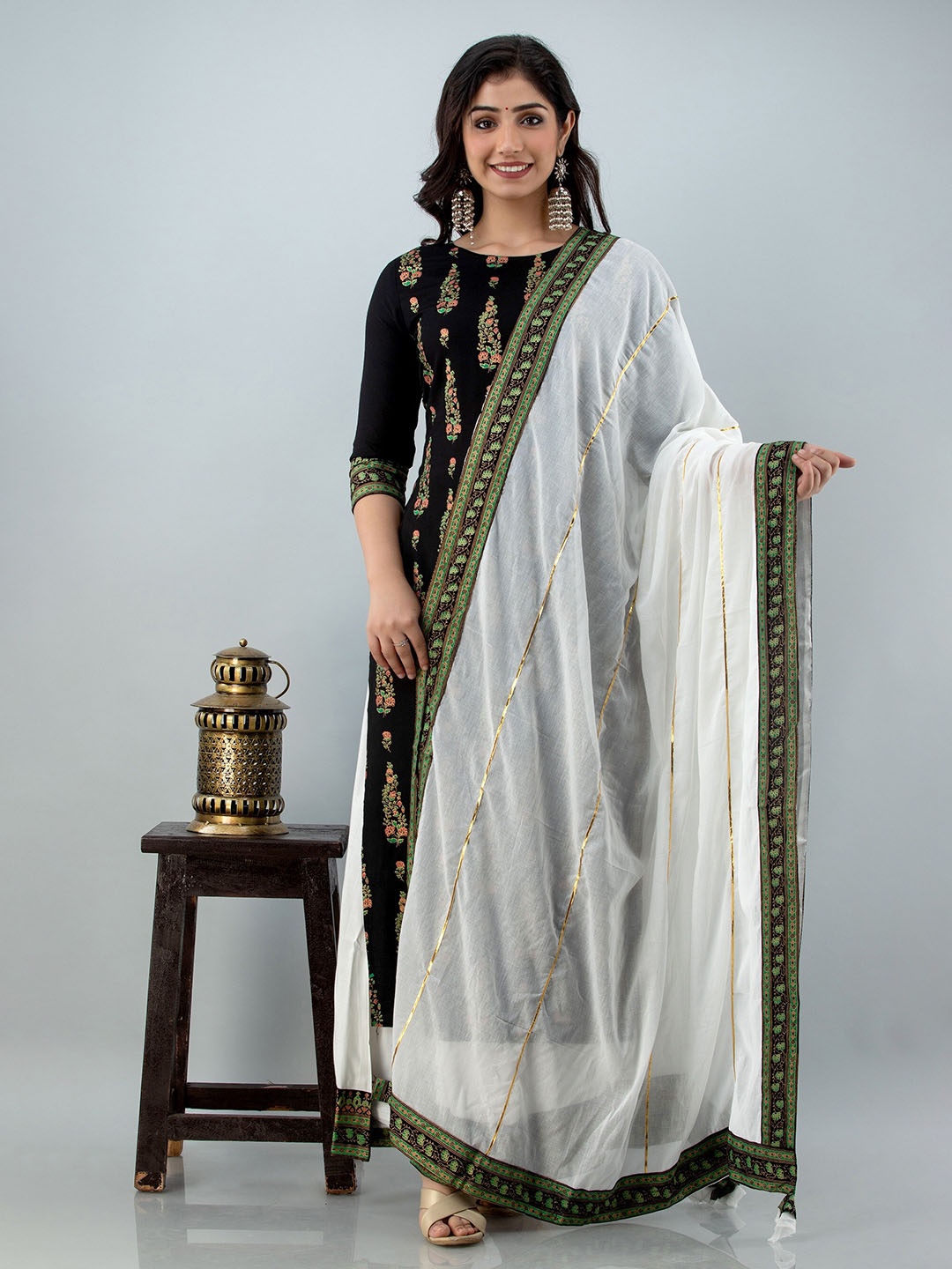 

Lovista Viscose Rayon Black Printed Kurta Skirt Dupatta Set
