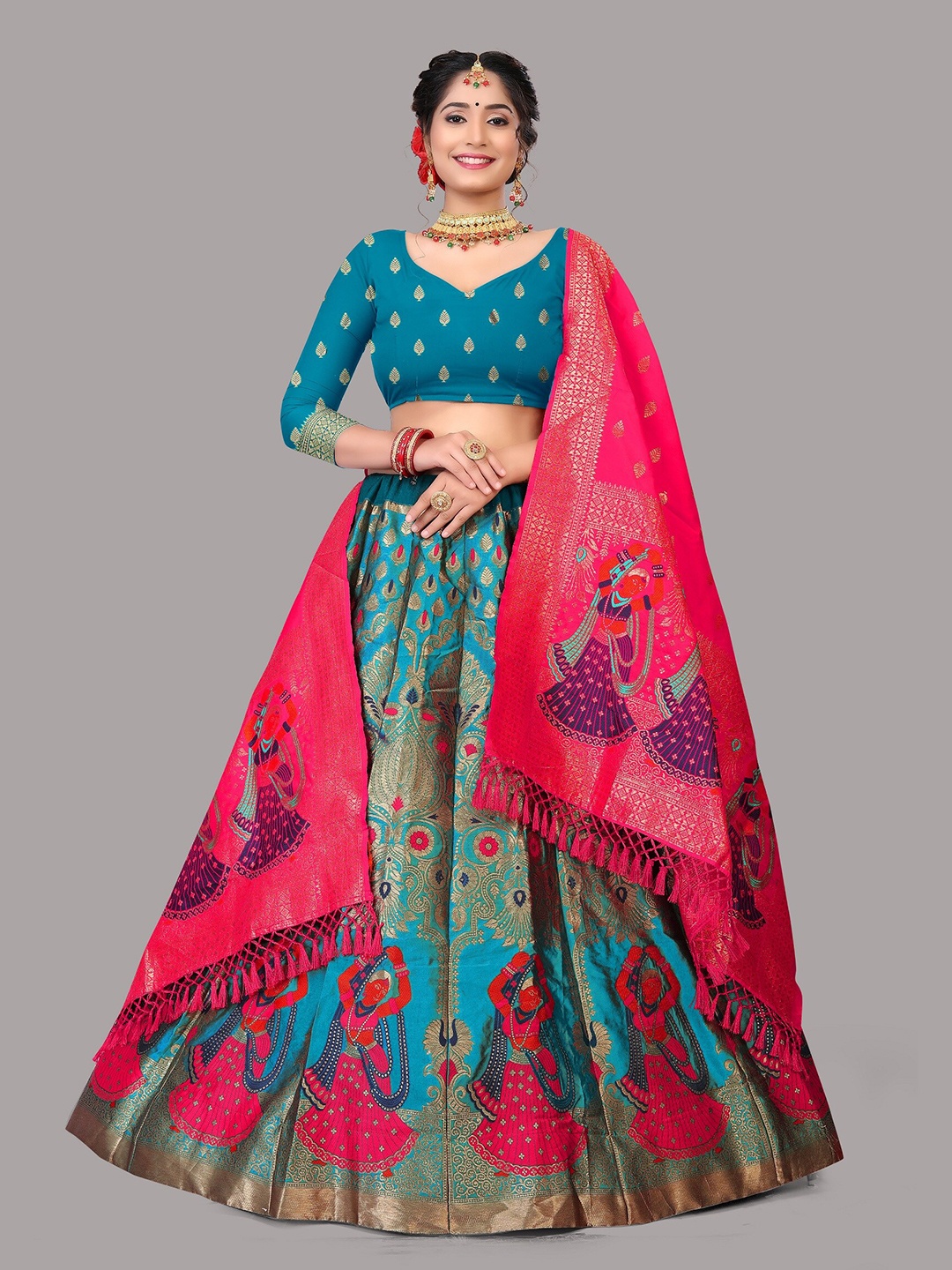 

Atsevam Blue & Pink Ready to Wear Lehenga & Unstitched Blouse With Dupatta
