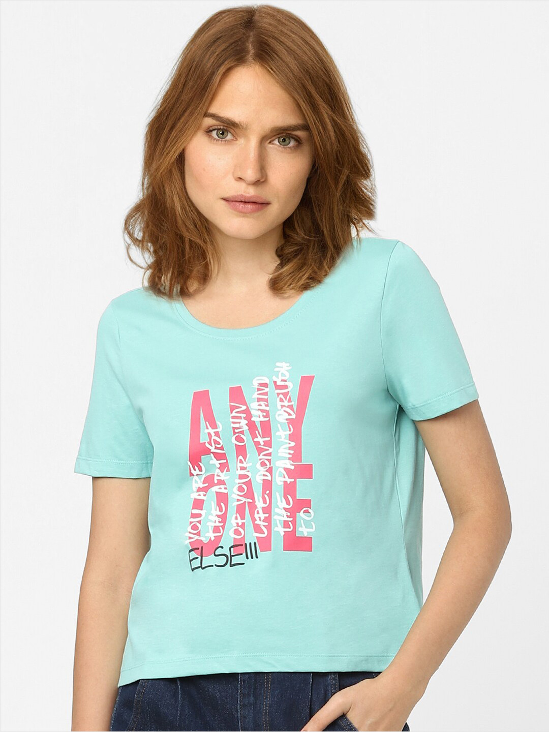 

Vero Moda Women Green & Pink Typography Printed T-shirt