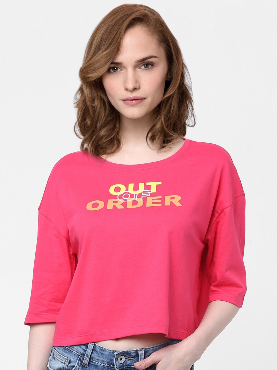 

Vero Moda Women Pink Typography Printed Drop-Shoulder Sleeves T-shirt
