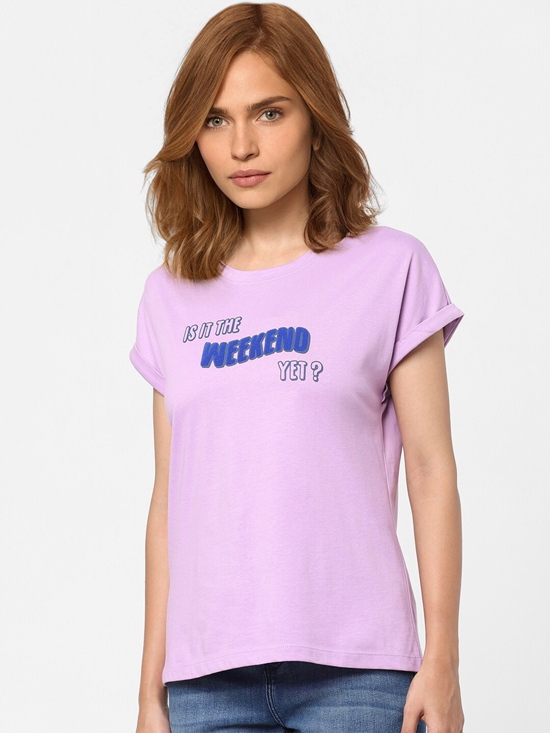 

Vero Moda Women Purple Typography Printed Extended Sleeves T-shirt