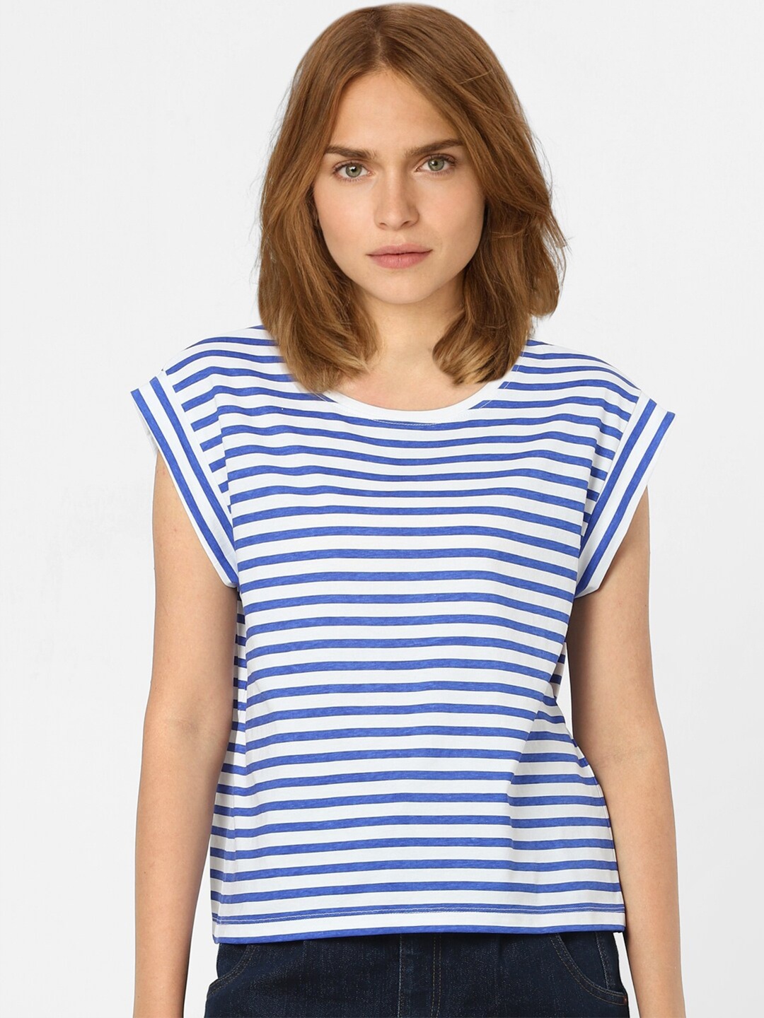 

Vero Moda Women Blue Striped Extended Sleeves Cotton T-shirt