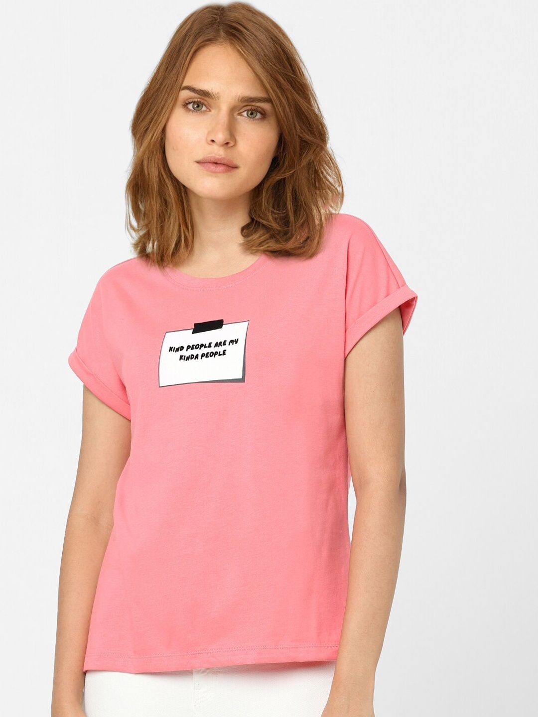 

Vero Moda Women Pink Typography Printed Extended Sleeves Cotton T-shirt