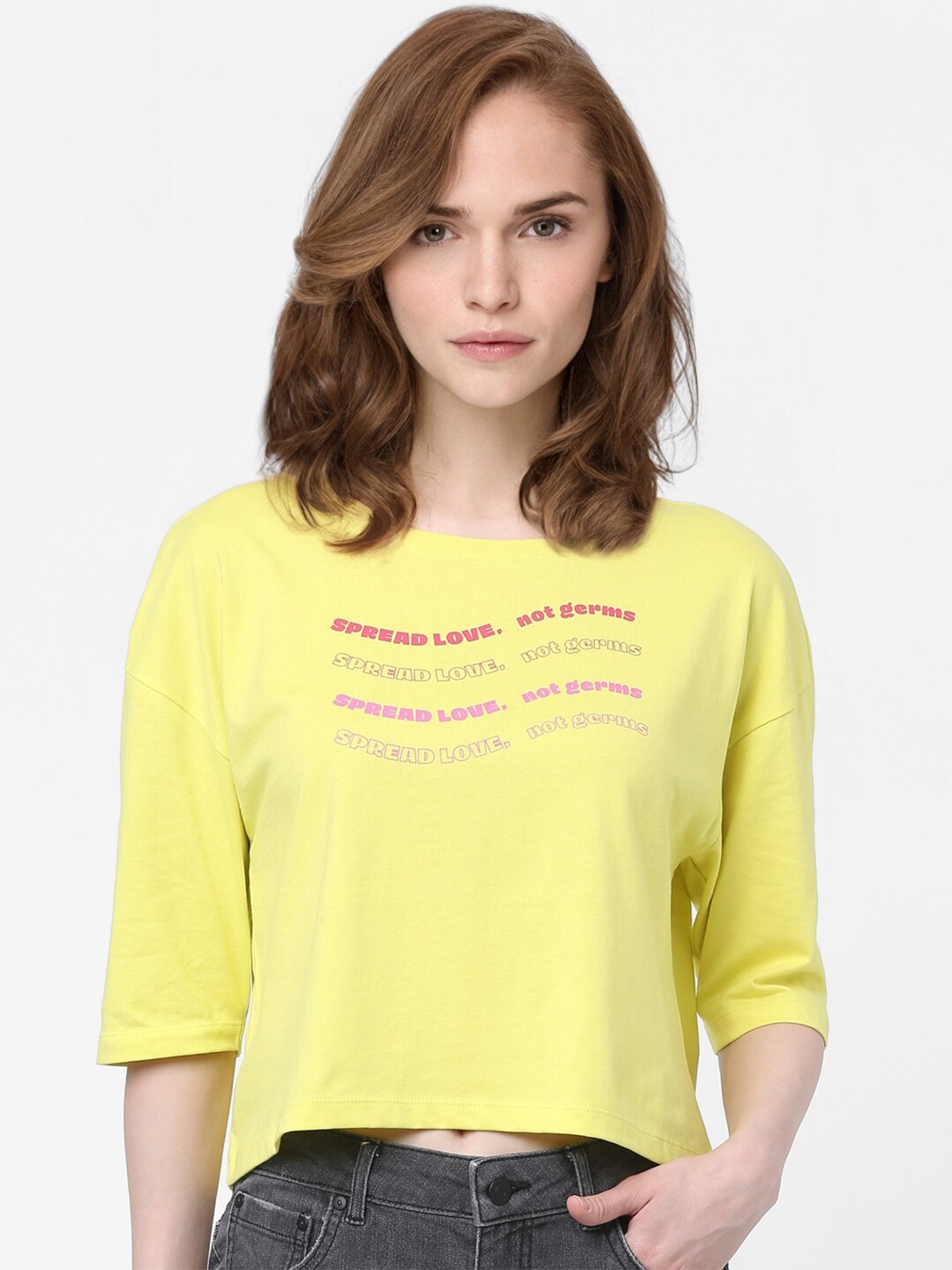 

Vero Moda Women Green Typography Printed Extended Sleeves T-shirt, Yellow