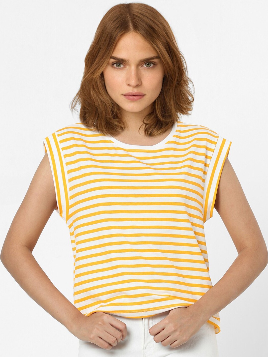 

Vero Moda Women Yellow Striped Extended Sleeves T-shirt