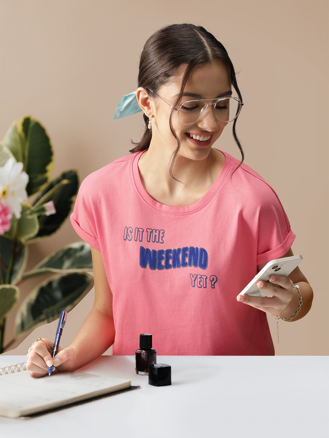 

Vero Moda Women Rose Pink & Blue Typography Printed Extended Sleeves Cotton T-shirt