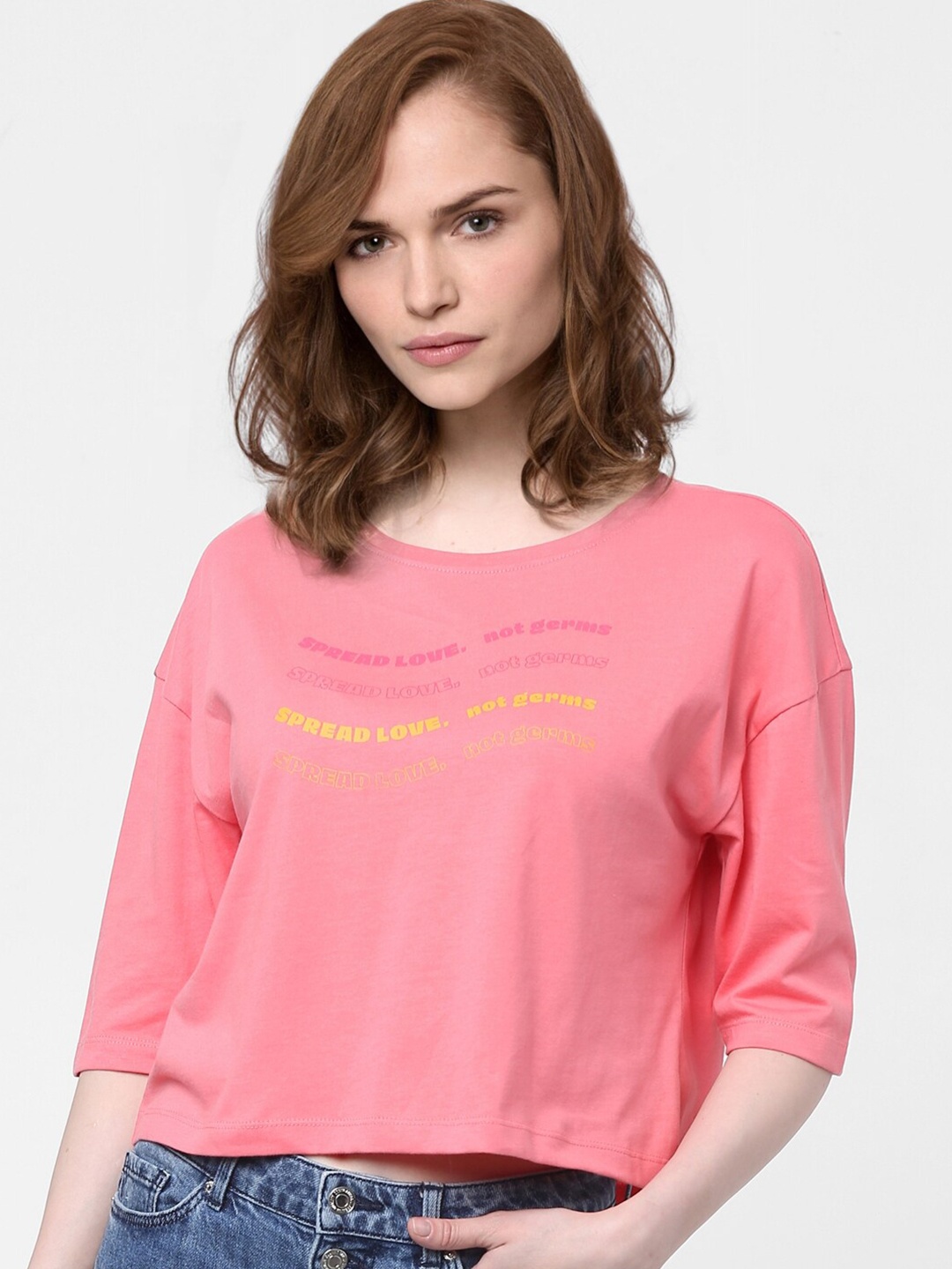 

Vero Moda Women Pink Typography Extended Sleeves Cotton T-shirt
