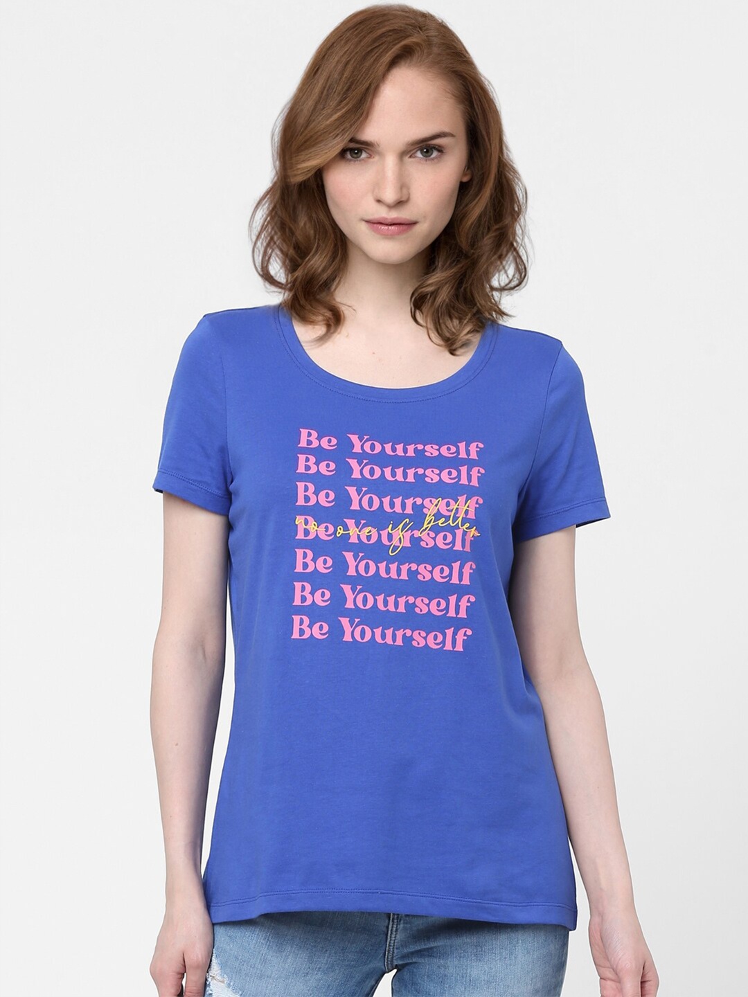 

Vero Moda Women Blue & Pink Typography Printed T-shirt