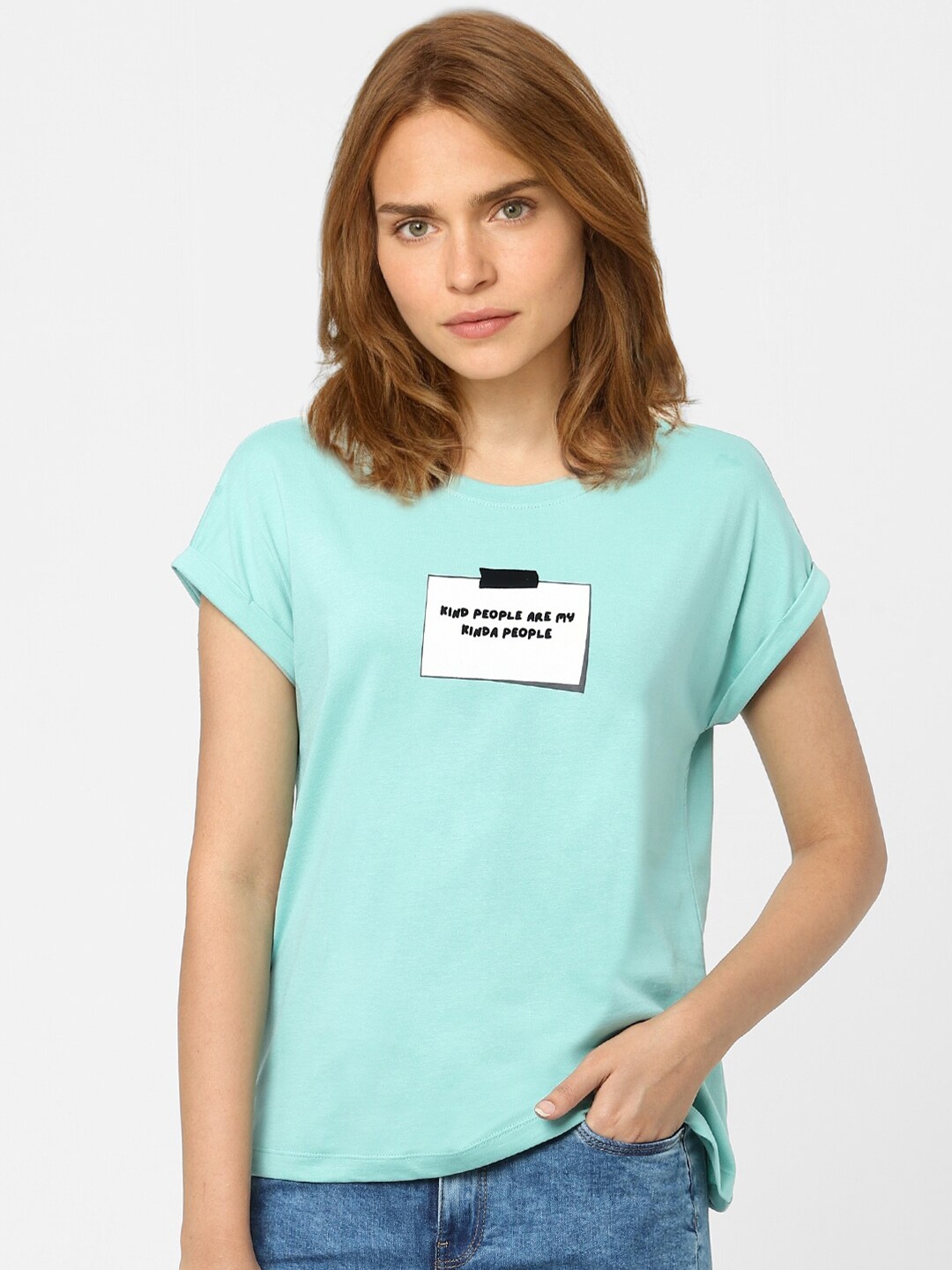 Vero Moda Women Sea Green Typography Printed Extended Sleeves T-shirt