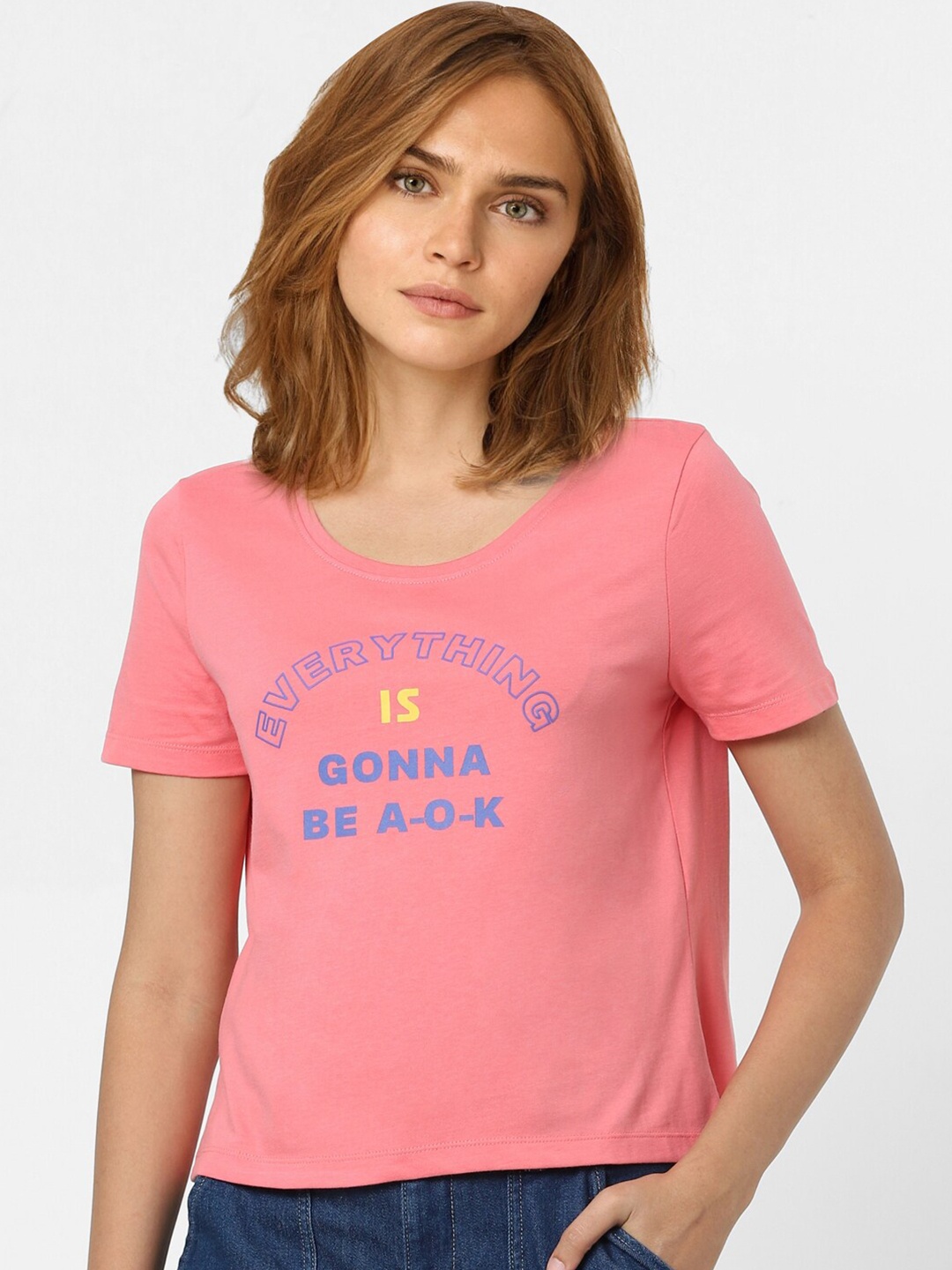 

Vero Moda Women Rose Pink & Blue Typography Printed Cotton T-shirt