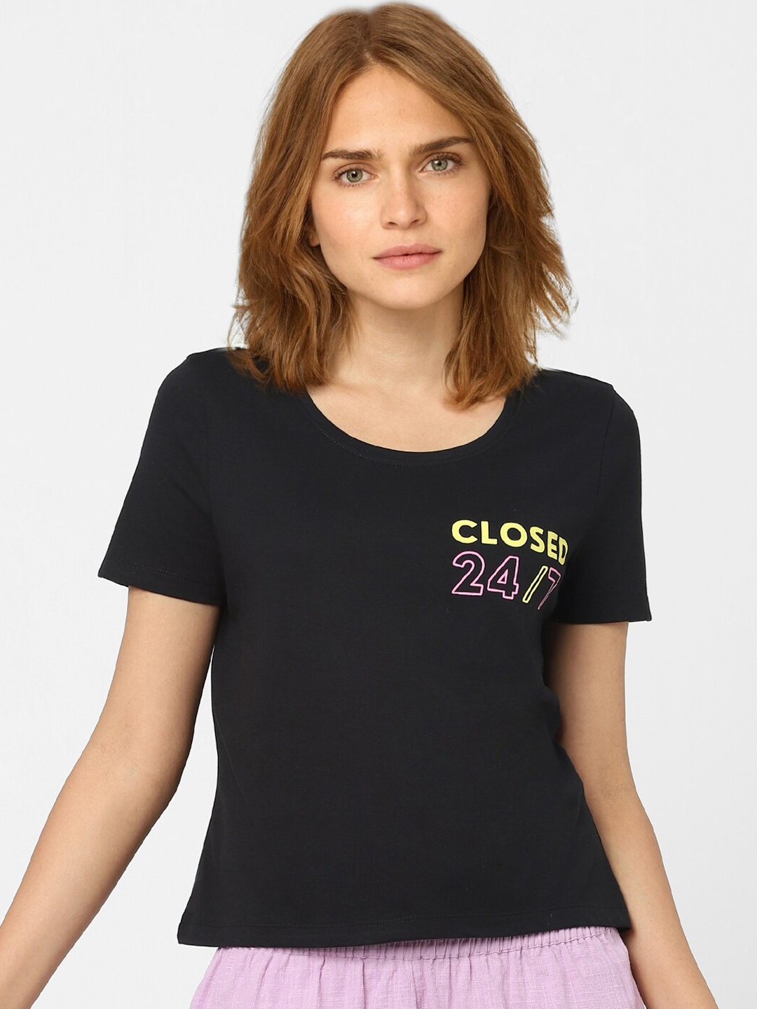 

Vero Moda Women Black Typography Printed Cotton T-shirt
