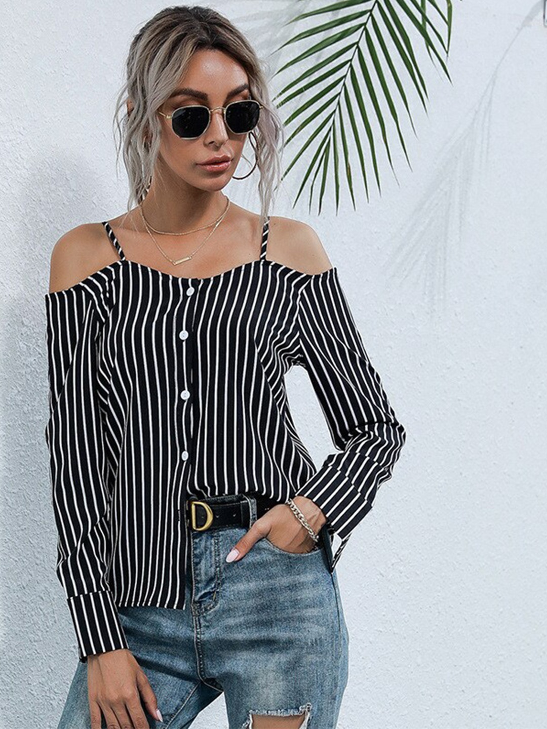 

La Aimee Black & White Striped Shirt Style Top