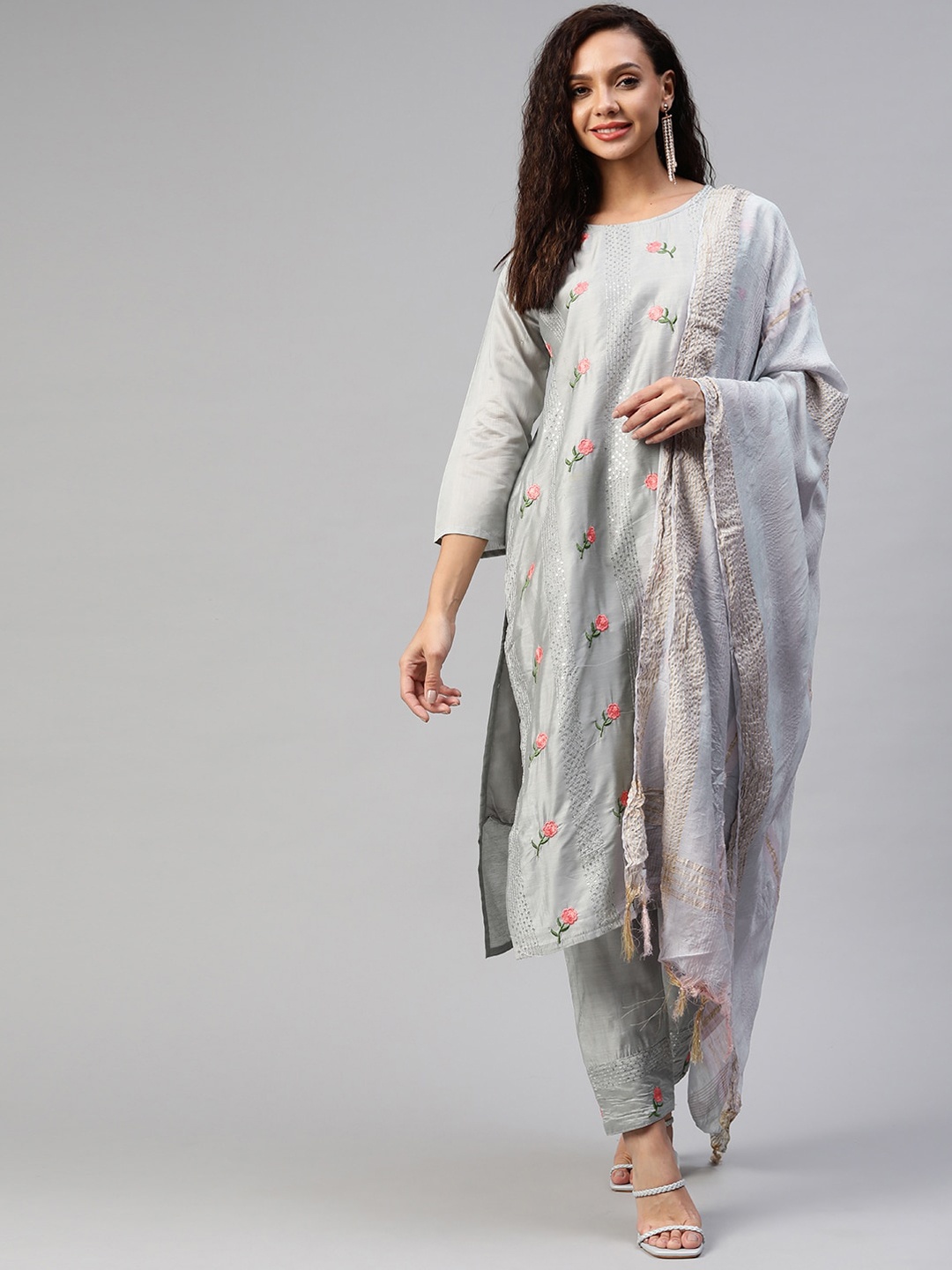 

Aarika Women Grey Ethnic Motifs Embroidered Sequinned Pure Silk Kurta with Trousers & With Dupatta