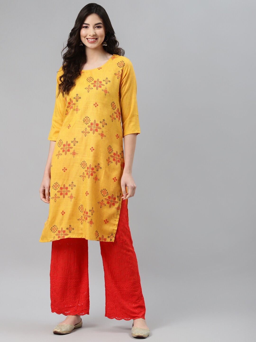 

Aarika Women Mustard Yellow & Red Ethnic Motifs Printed Cotton Kurta