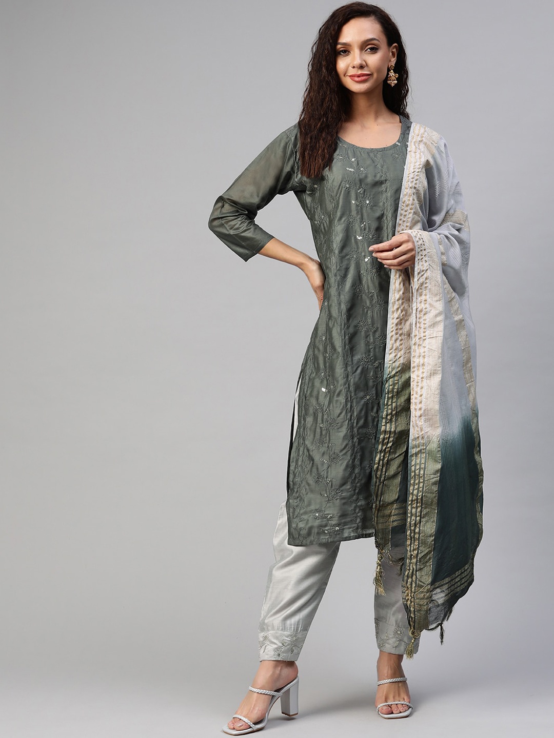 

Aarika Women Charcoal Floral Embroidered Pure Silk Kurti with Trousers & With Dupatta