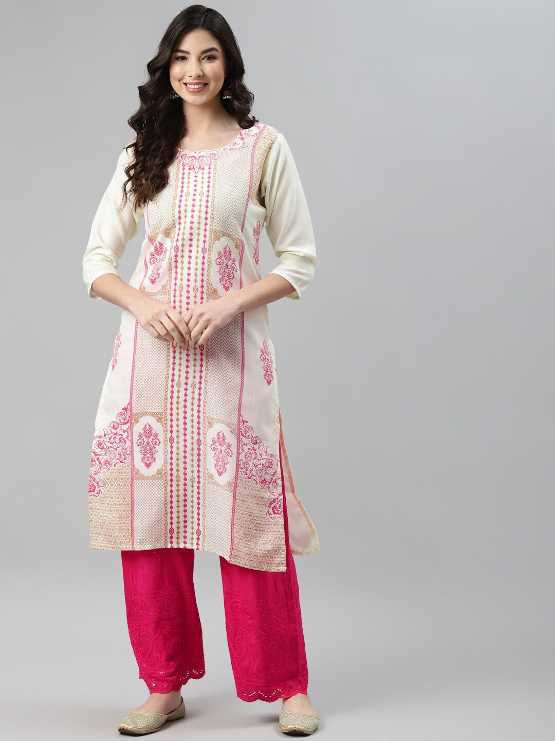 

Aarika Women Off-White & Pink Ethnic Motifs Printed Pure Cotton A-line Kurta
