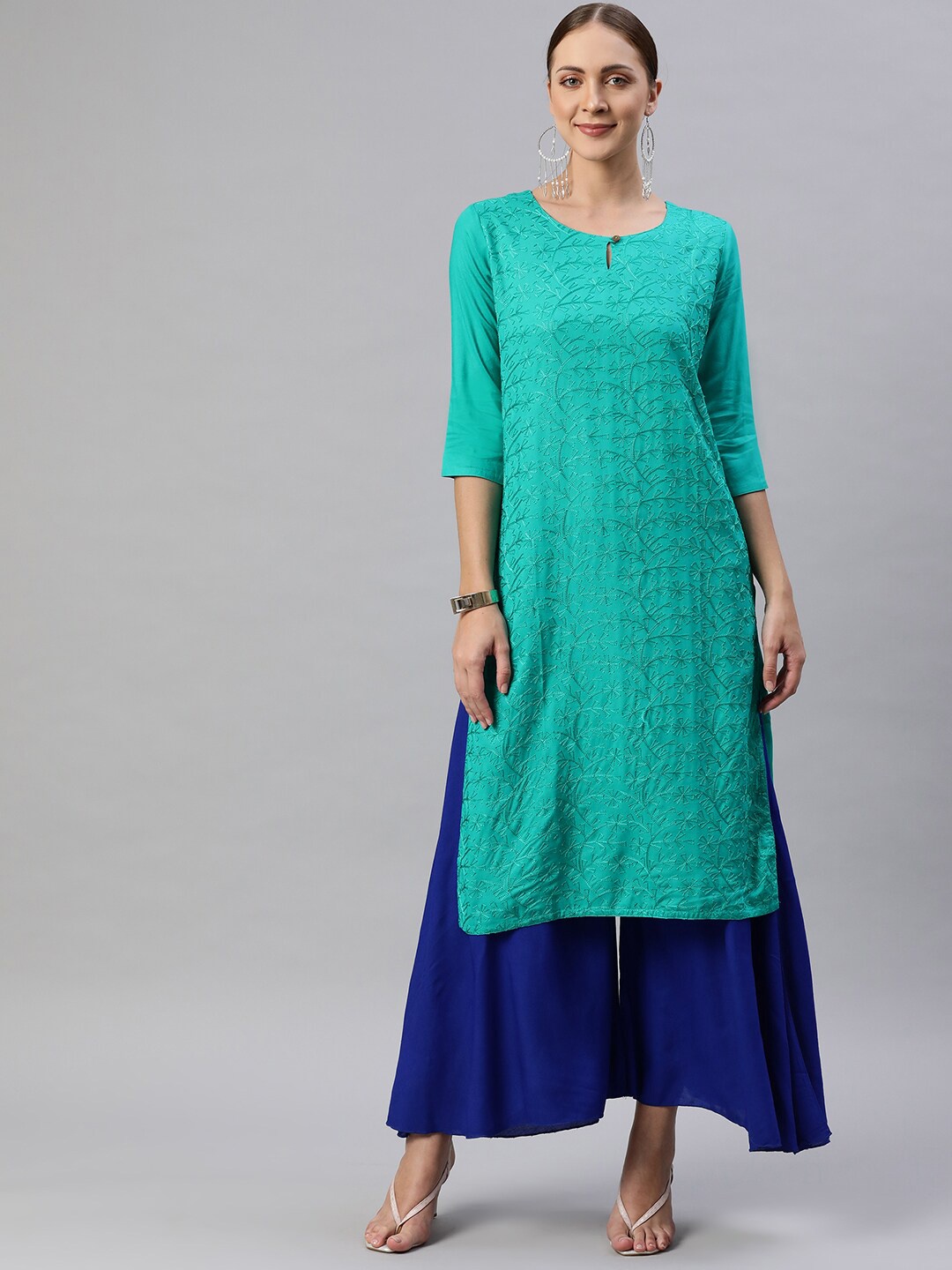 

Aarika Women Turquoise Blue Floral Embroidered Keyhole Neck Pure Cotton Thread Work Kurta