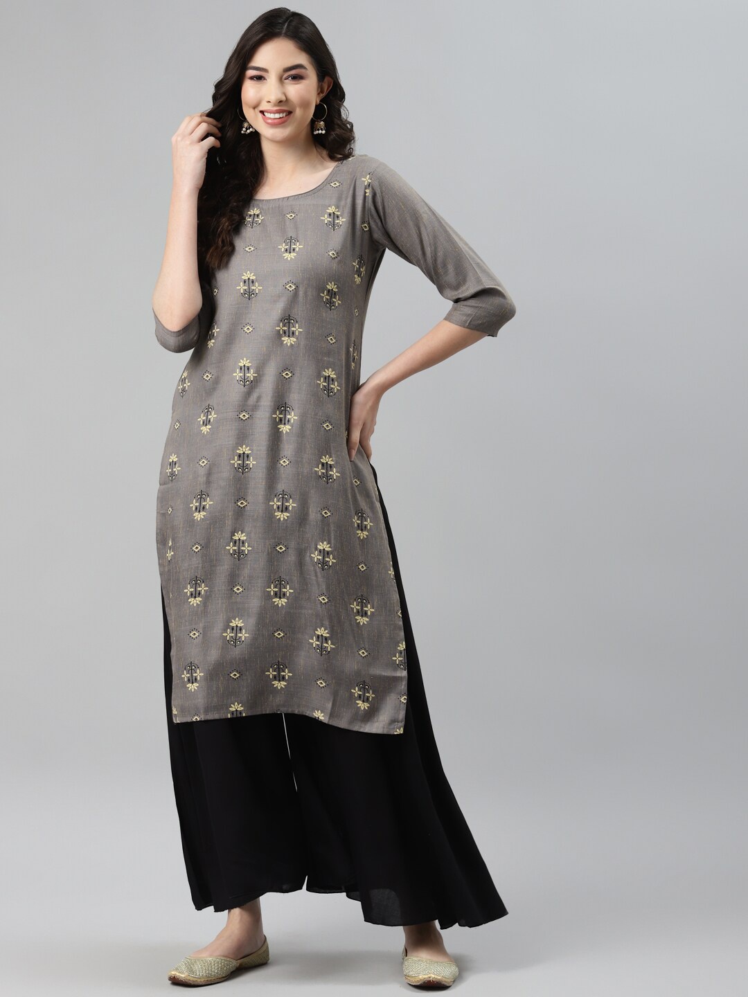 

Aarika Women Grey & Beige Cotton Printed Straight Kurta