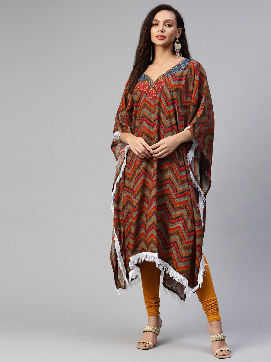 

Aarika Women Grey & Red Printed Flared Sleeves Kaftan Cotton Kurta