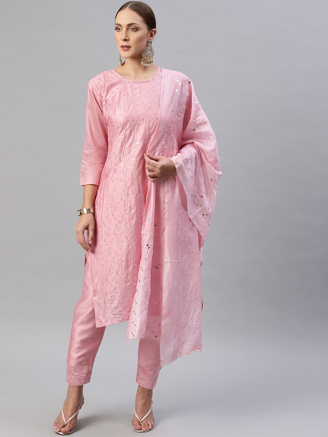 

Aarika Women Pink Striped Panelled Pure Silk Kurti with Trousers & With Dupatta