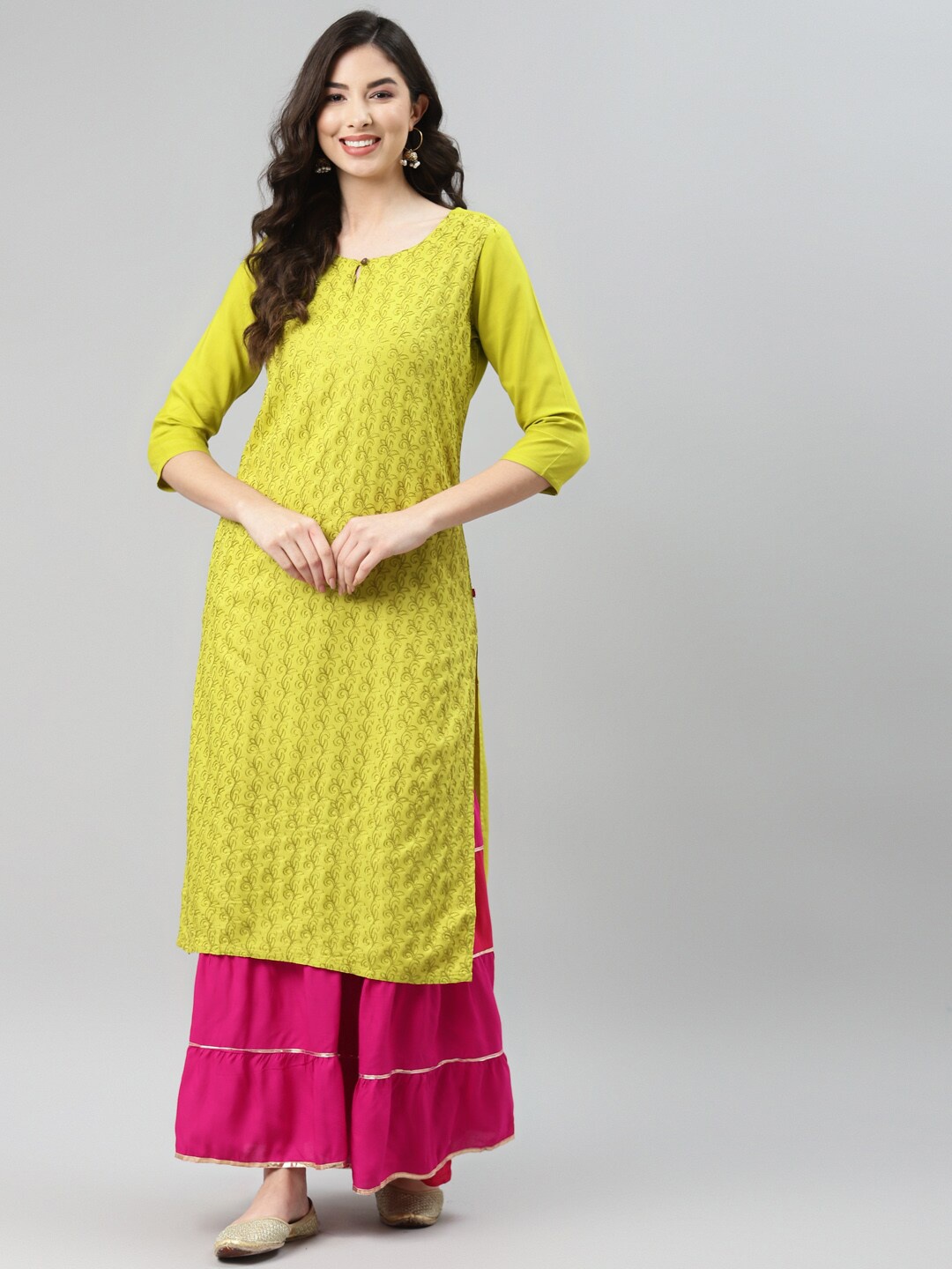 

Aarika Women Lime Green Embroidered Keyhole Neck Cotton Thread Work Kurta