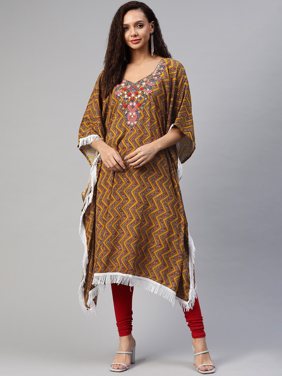 

Aarika Women Orange & Brown Geometric Printed Thread Work Pure Cotton Kaftan Kurta