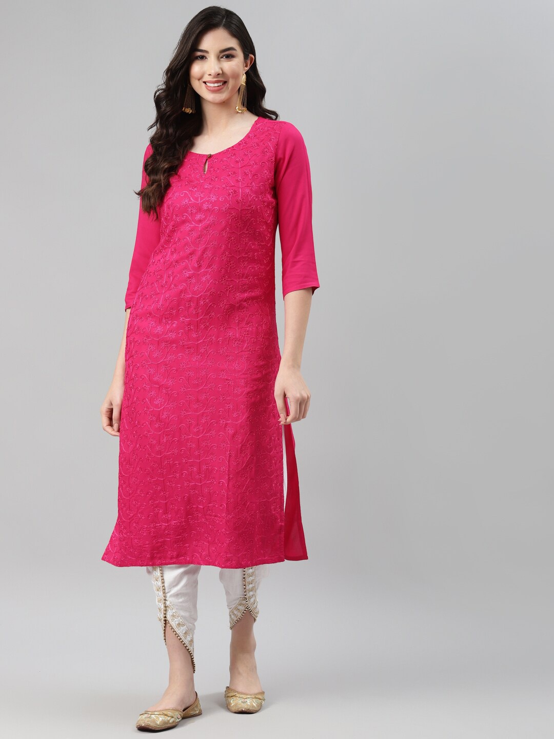 

Aarika Women Fuchsia Floral Embroidered Keyhole Neck Pure Cotton Straight Kurta