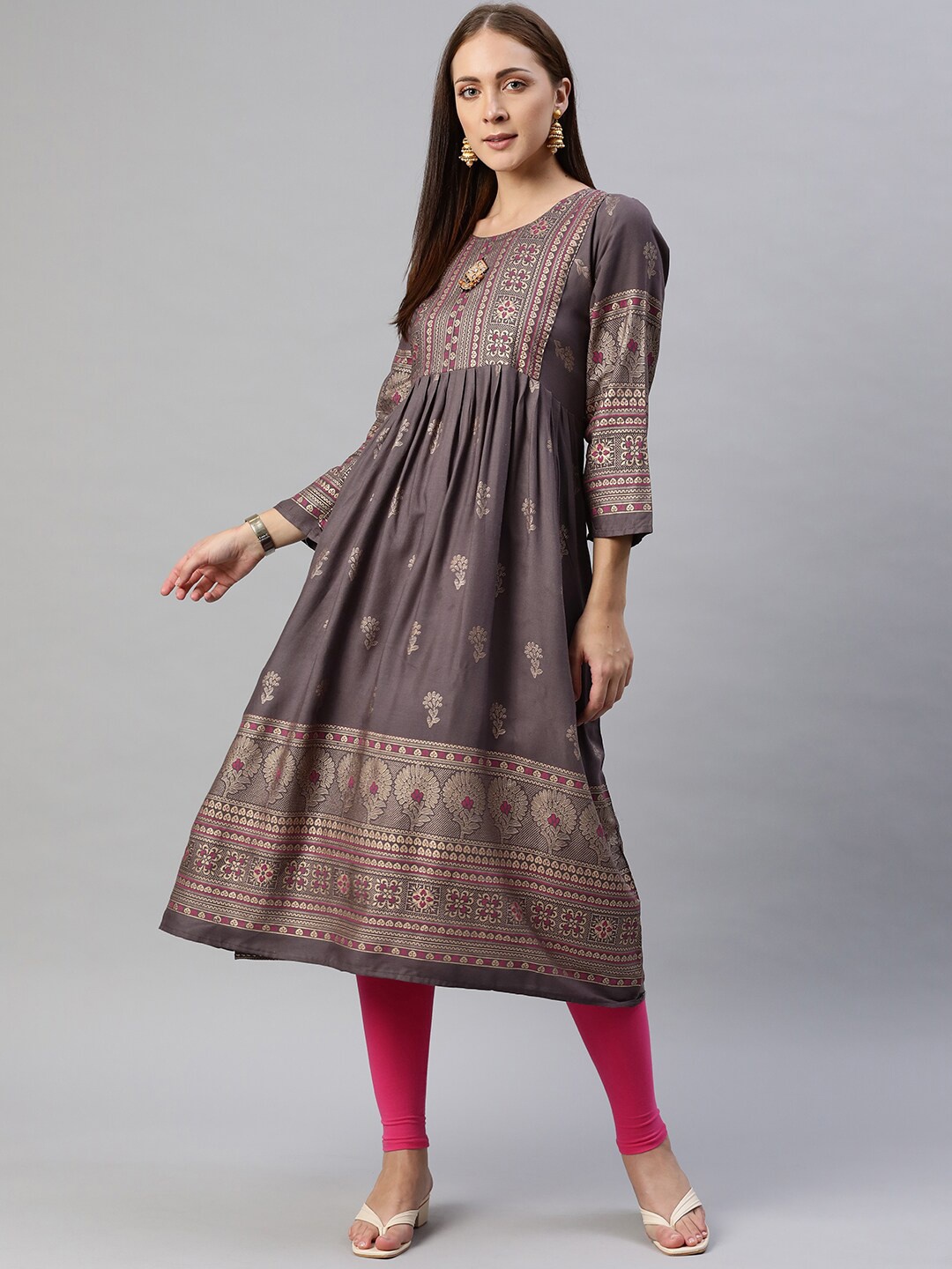 

Aarika Women Taupe Ethnic Motifs Printed Anarkali Kurta