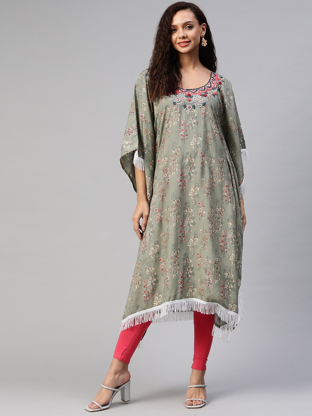 

Aarika Women Olive Green Floral Printed Flared Sleeves Floral Pure Cotton Kaftan Kurta