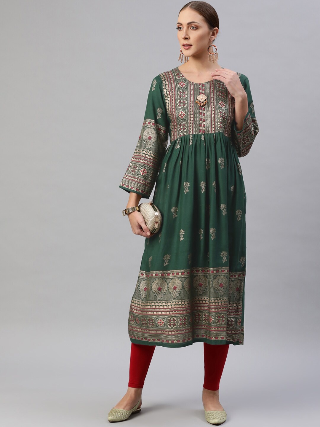 

Aarika Women Green Ethnic Motifs Printed Pure Cotton Anarkali Kurta