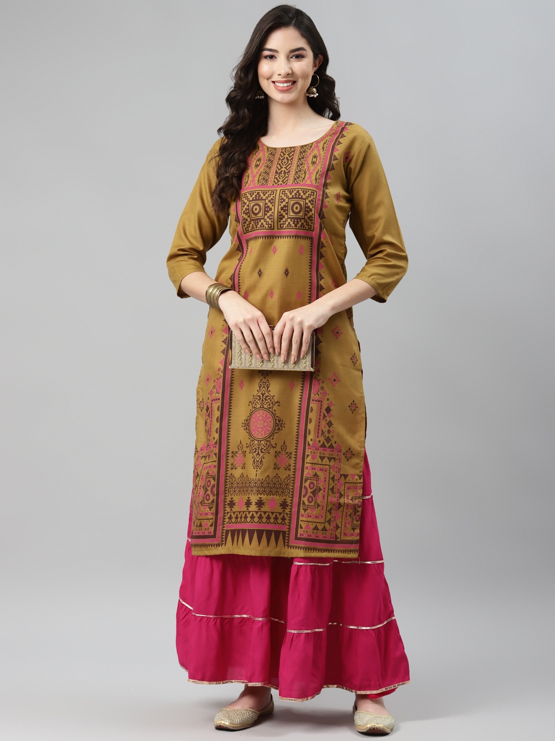 

Aarika Ethnic Motifs Printed Pure Cotton Straight Kurta, Olive