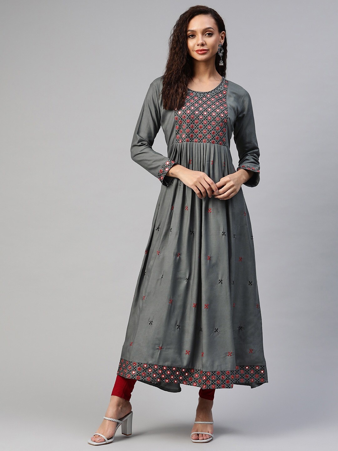 

Aarika Women Charcoal Grey Embroidered Mirror Work Pure Cotton Kurta