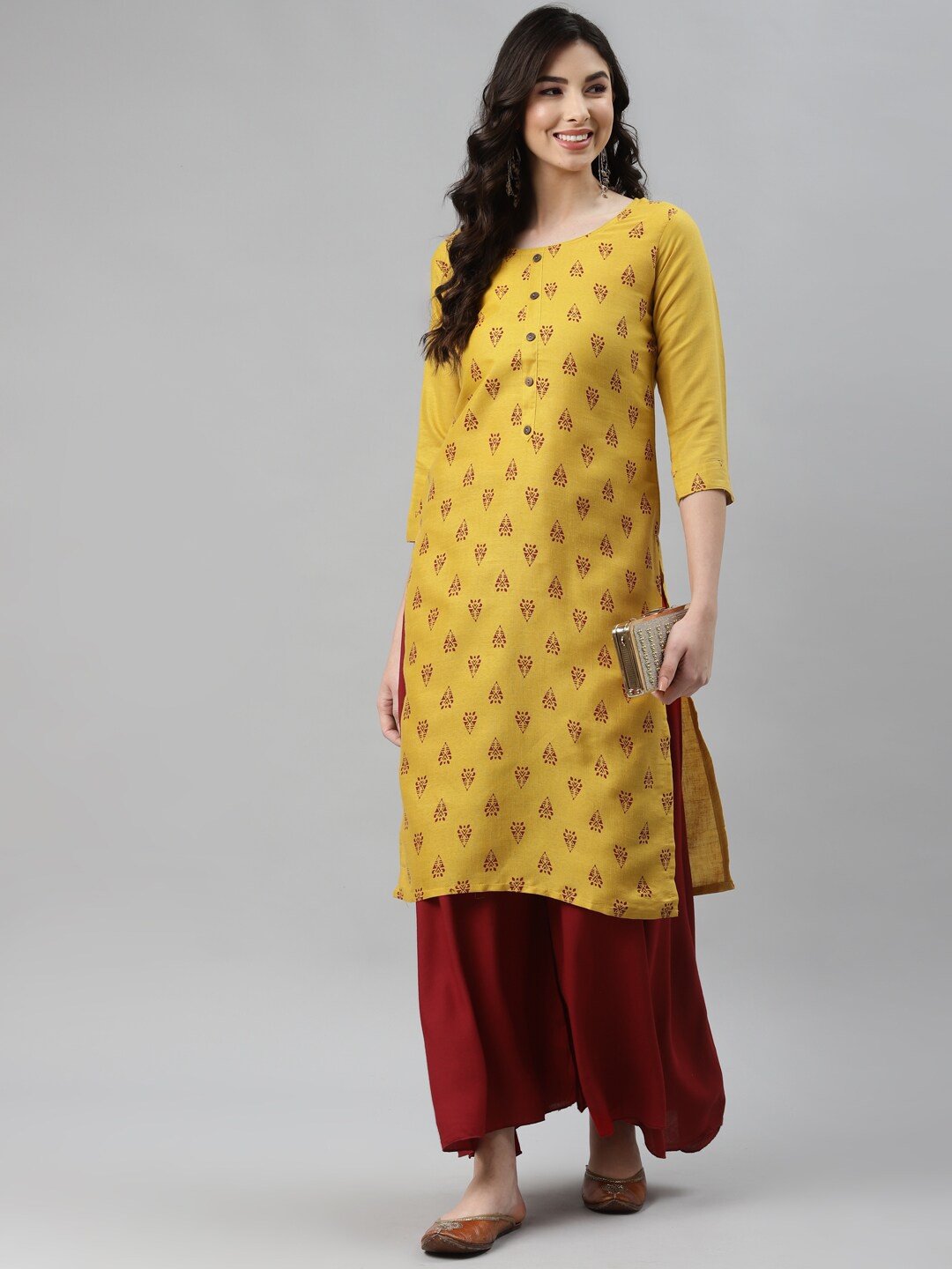 

Aarika Women Mustard Yellow Ethnic Motifs Printed Pure Cotton Kurta