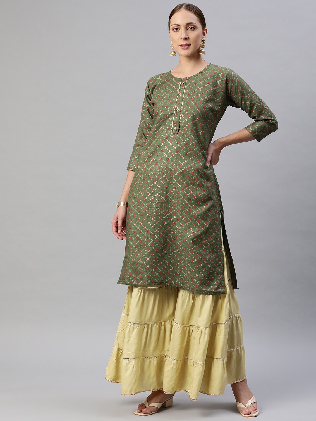 

Aarika Women Olive Green Ethnic Motifs Printed Kurta