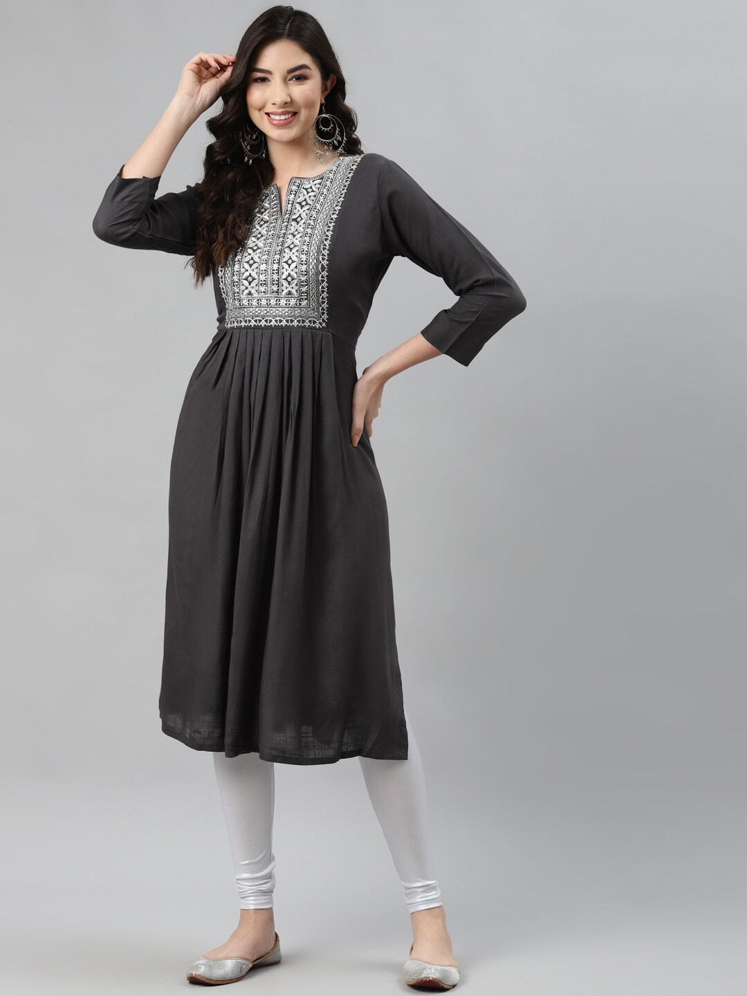 

Aarika Women Grey Ethnic Motifs Embroidered Thread Work Pure Cotton Kurta