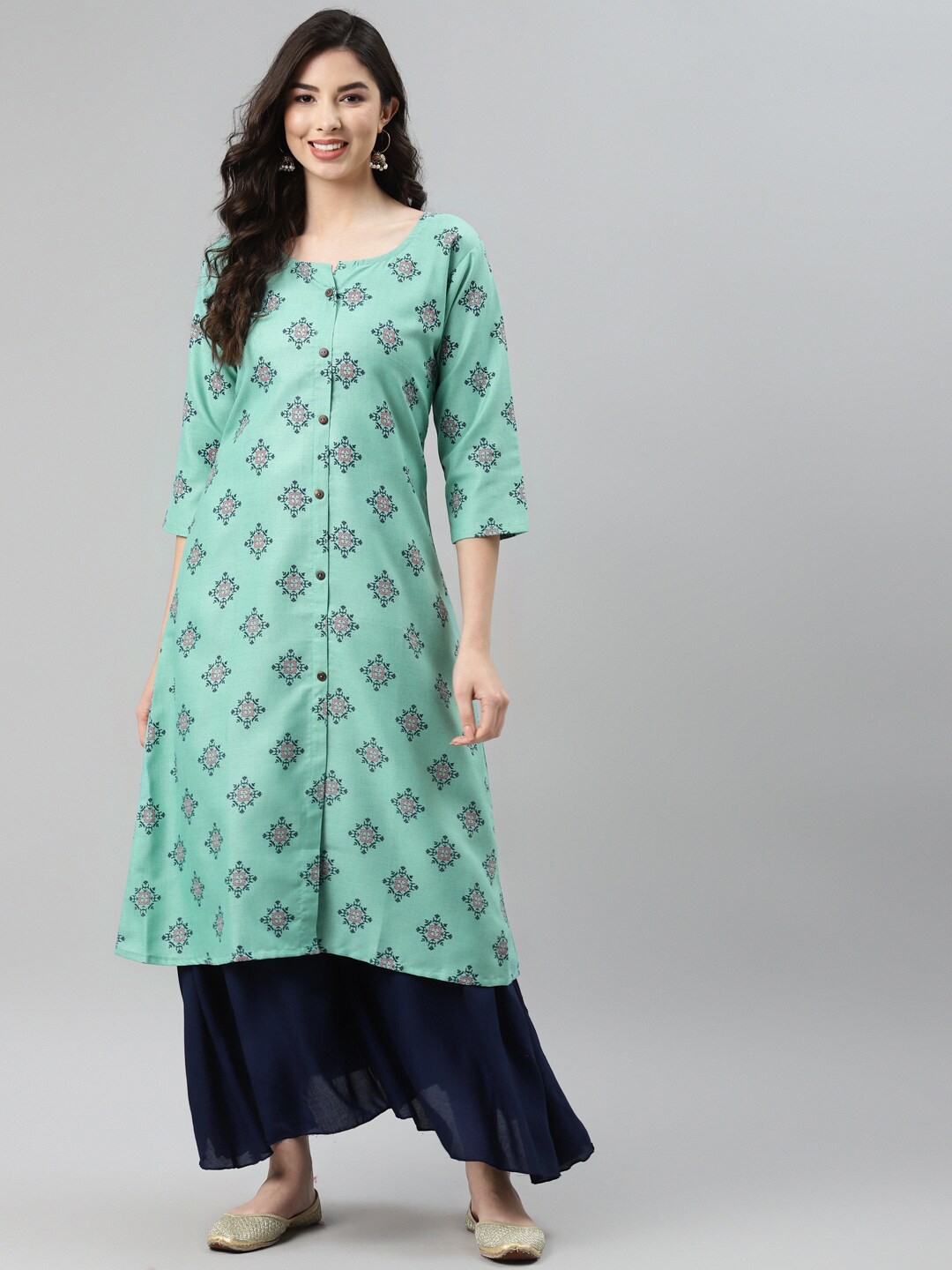 

Aarika Women Sea Green Ethnic Motifs Cotton Printed A-Line Kurta